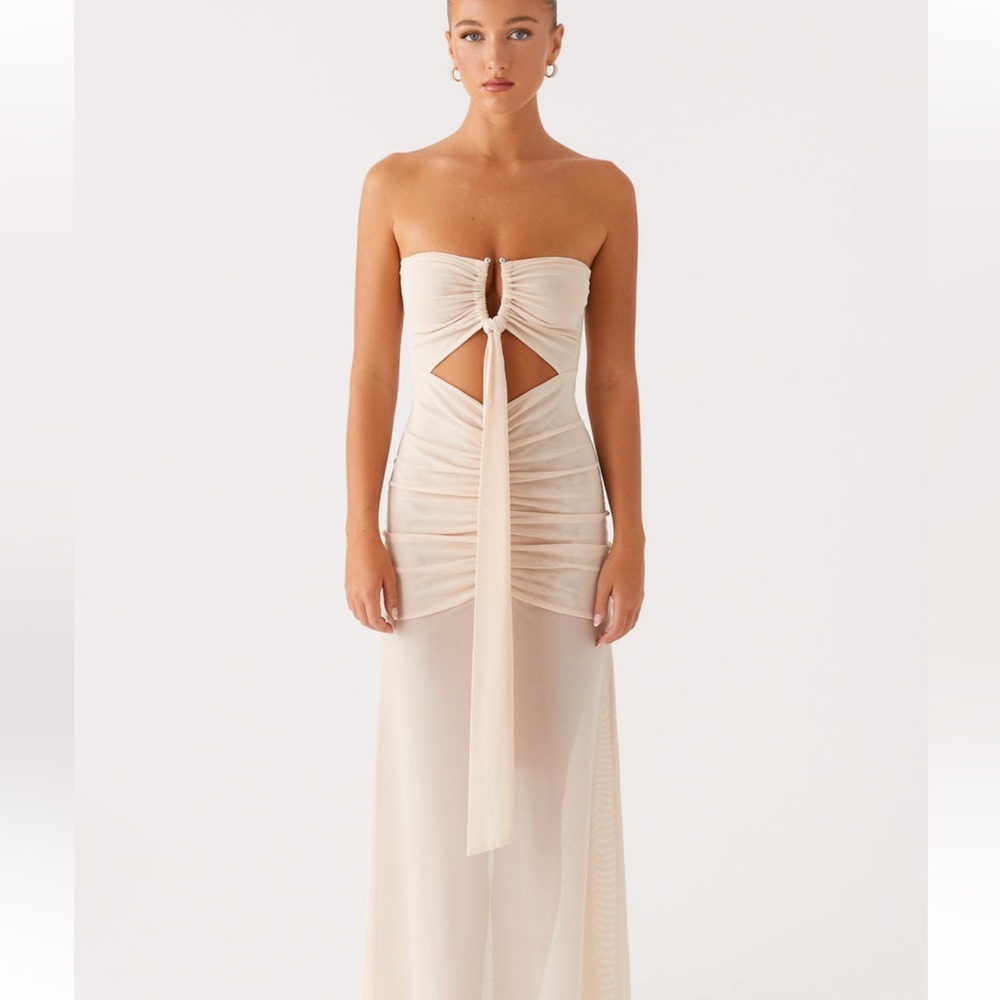 US 8 lovie cream nude maxi dress cut out drape